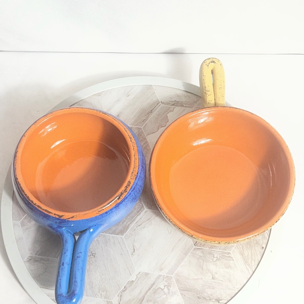 De Silva Italy Handled Soup Bowls Set 2 Blue Yellow Rustic Pottery